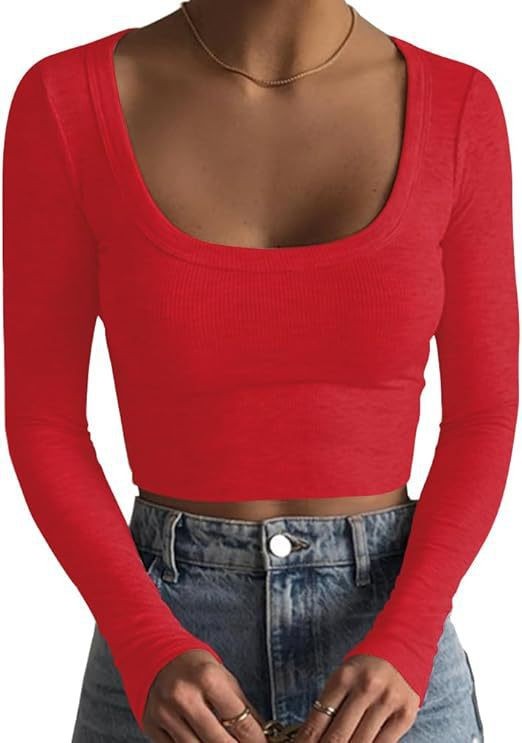 Big round neck long sleeved thread ultra short slim fit and slimming effect
