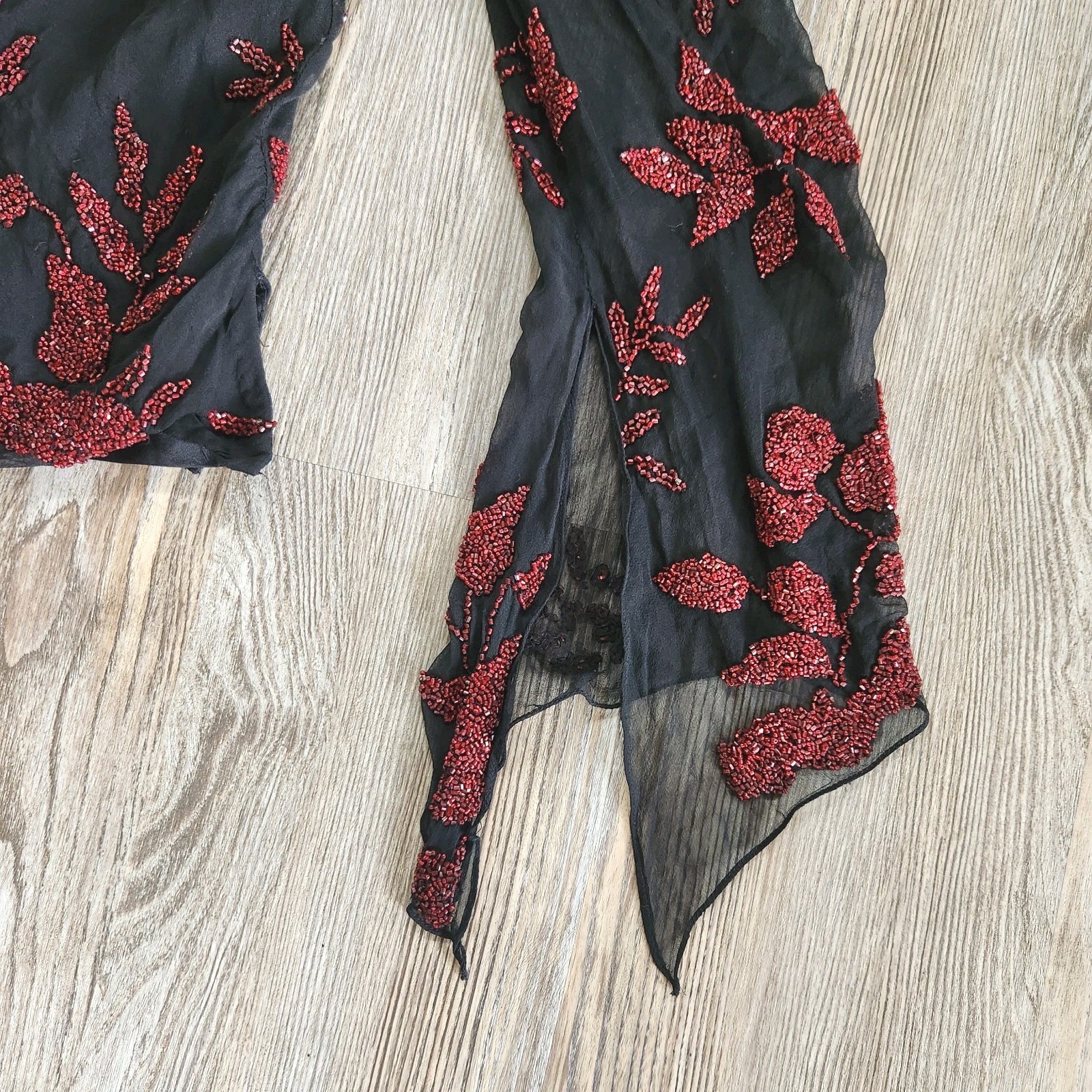Marina Bresler Silk Beaded Drape Neck Bell Sleeve Top M Black Red Goth Boho Y2K