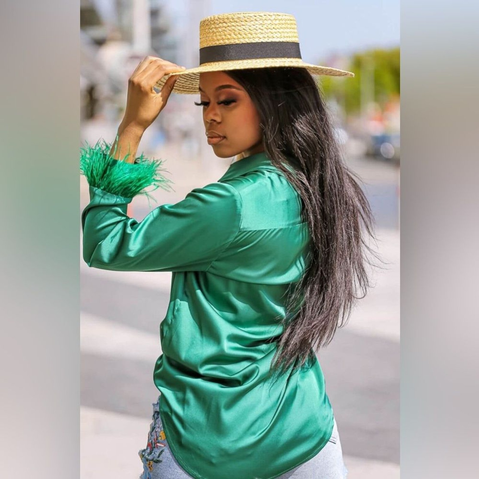 L.I.F.E Love is for eternity Faux Feather Trim Green Women’s Blouse (Size L)
