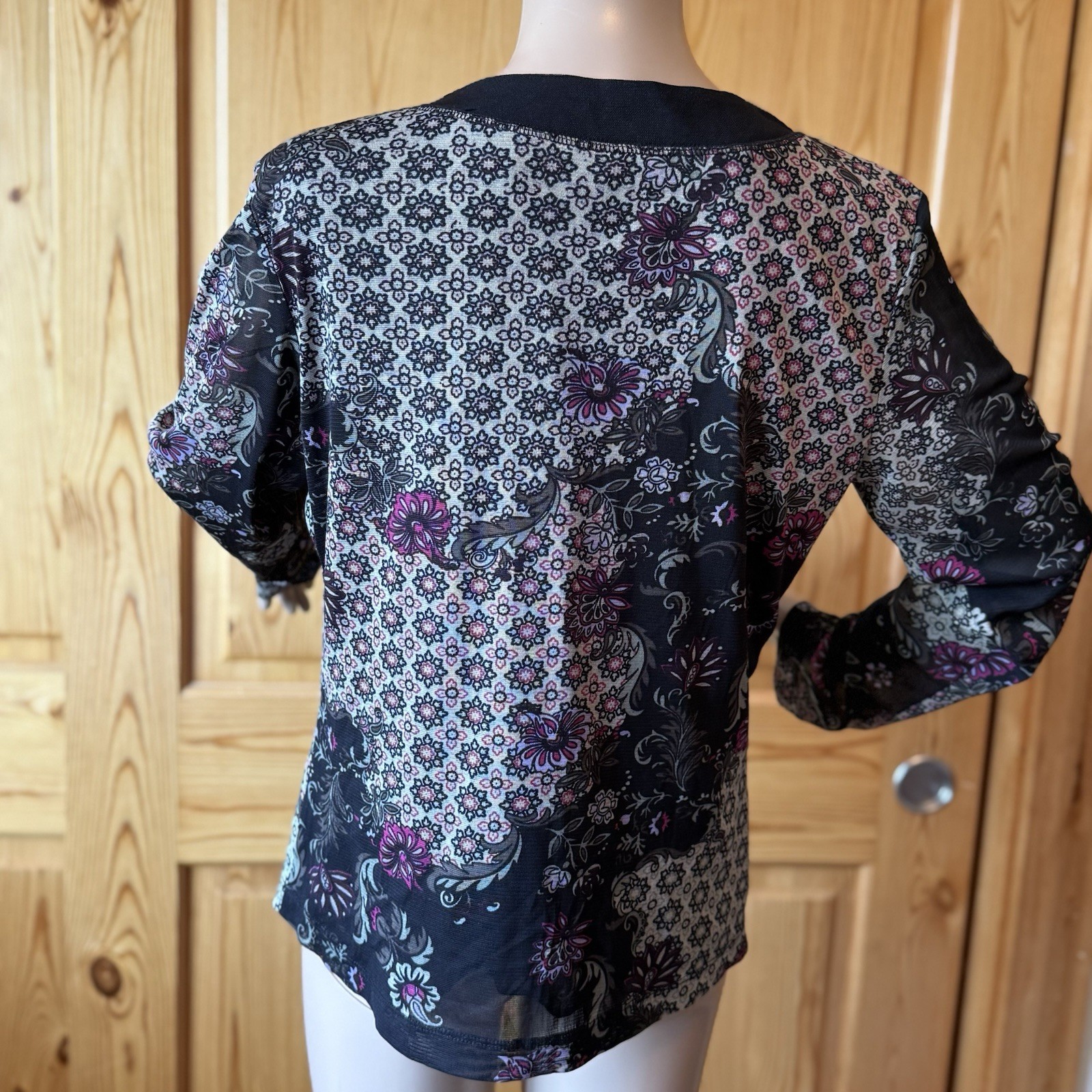 Vintage Y2K Simply French Floral Sheer Mesh L Top Black Whimsigoth Fairy