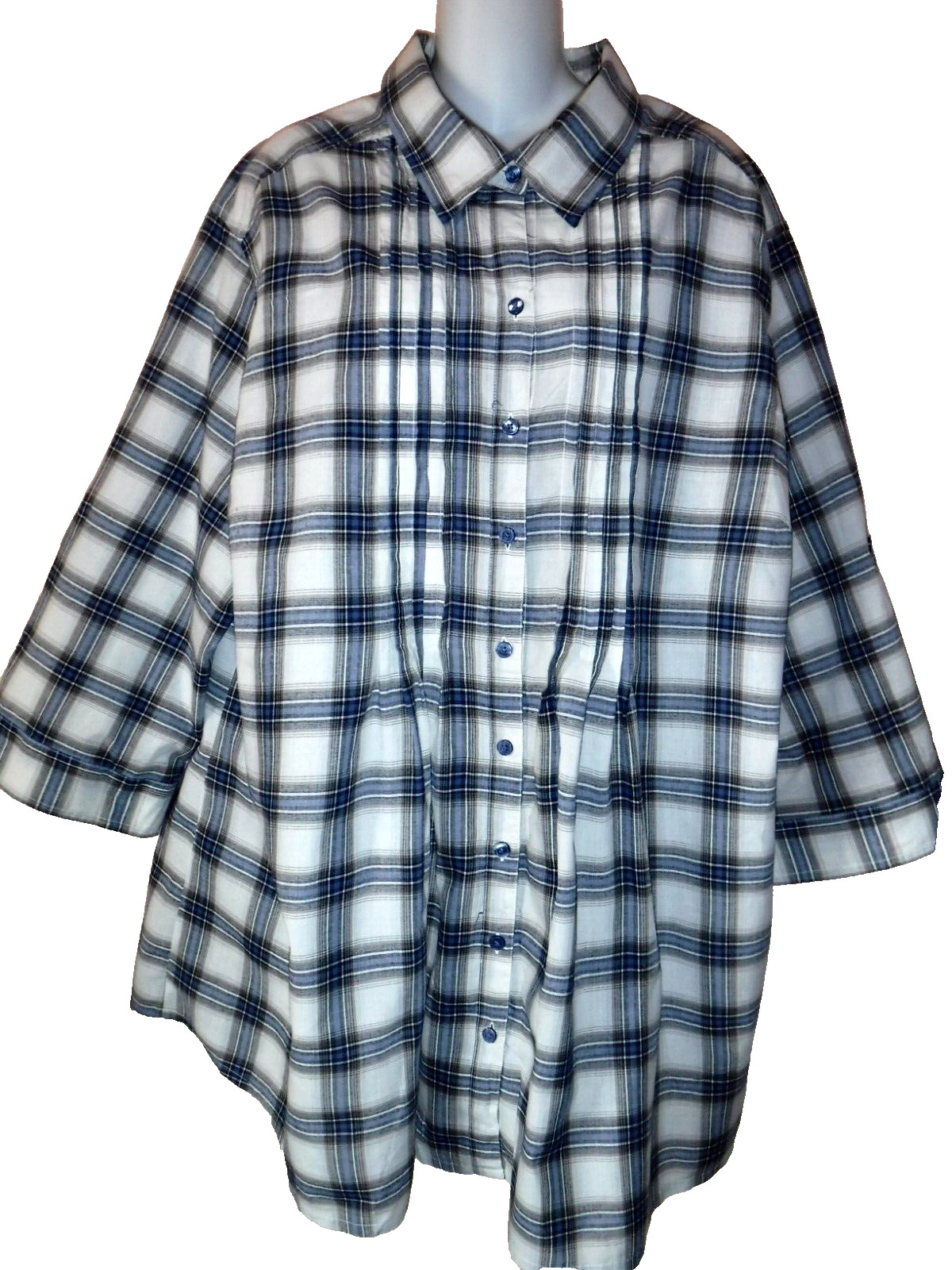 Plus JMS COTTON TOP Shirt Smock Blue Plaid Pleats 3/4 Sleeves Buttons 24W 28W 4X