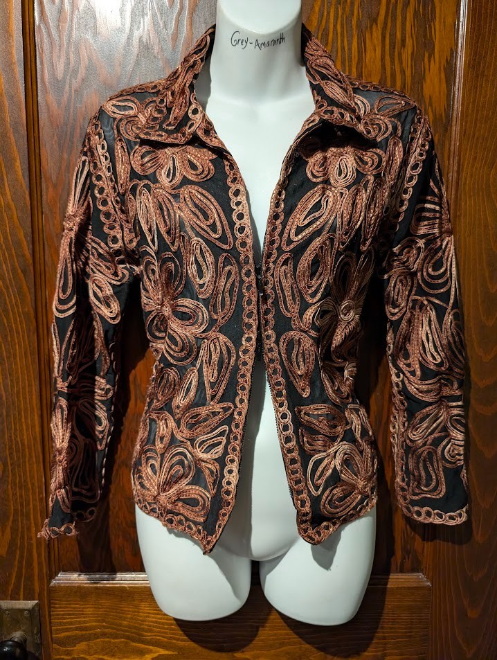 VTG Y2K SHEER MESH JACKET TOP black tie-dye brown soutache tapework 70s style 2A