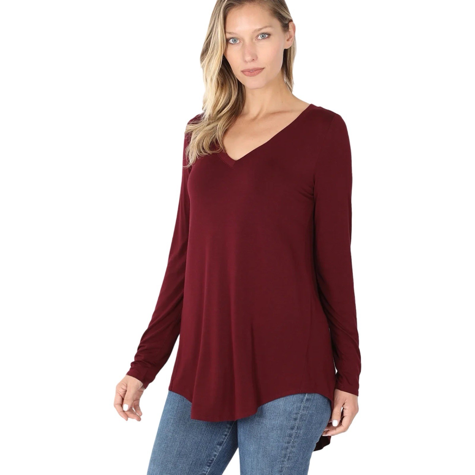 Zenana Women’s Soft Rayon Long Sleeve Dolphin Hem V-Neck Tee Shirt Top Size XL