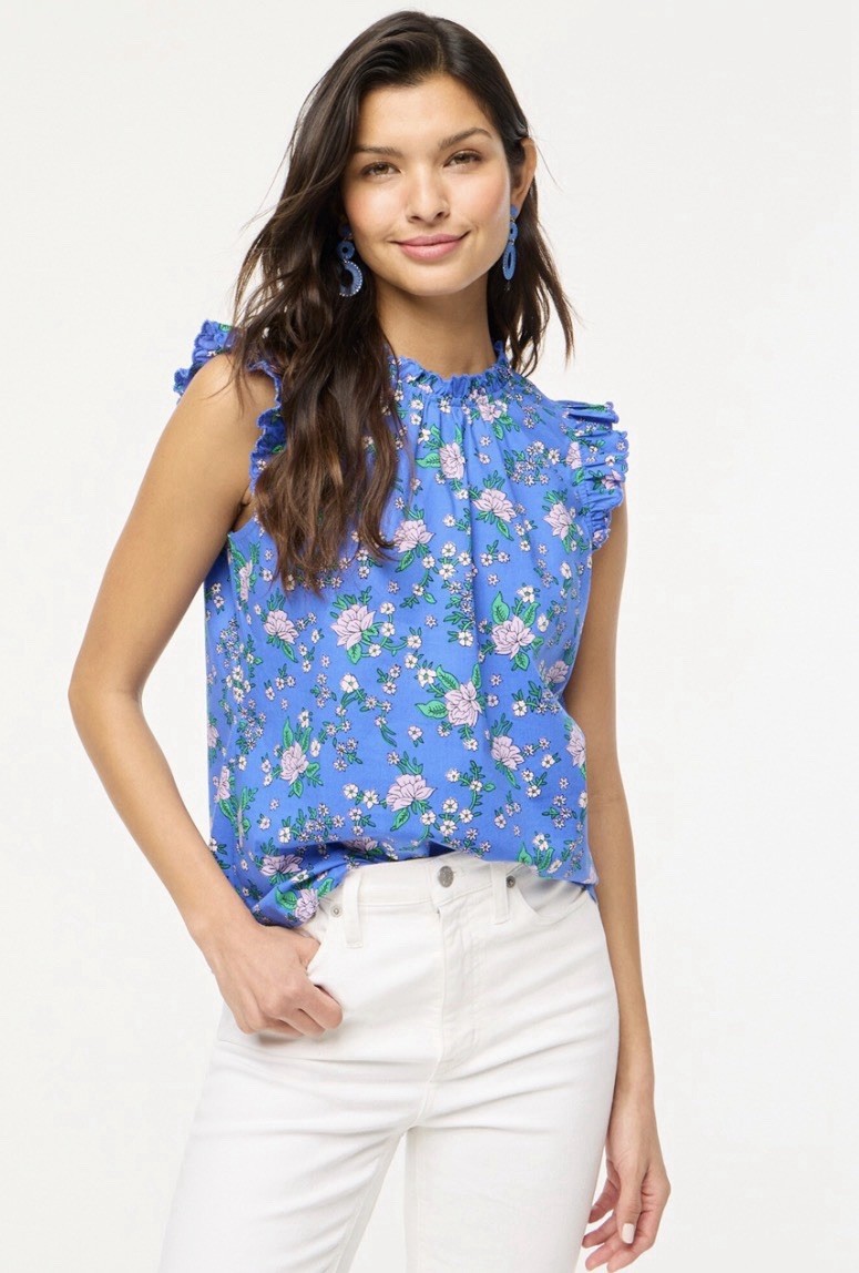 J. Crew XL Blue Floral Ruffle Neck Top Ruffle Flutter Sleeves Cotton Seacoast