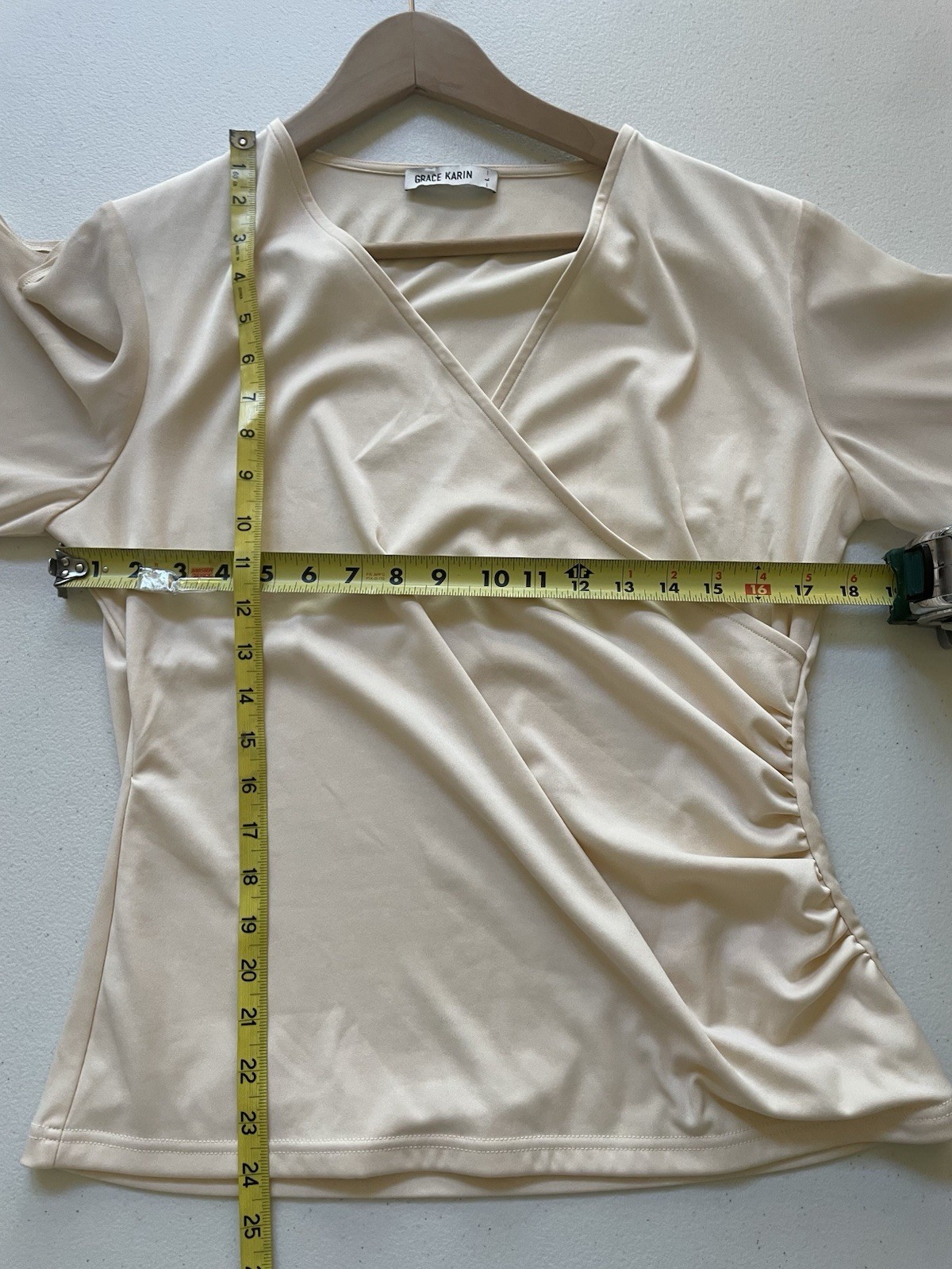 GRACE KARIN Vanilla Faux Wrap Blouse with Chiffon Split Sleeves Sz L Ivory Cream