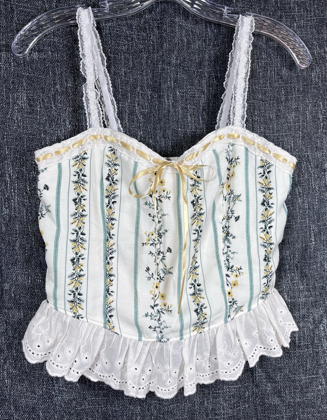 New THIRTY THIRTY LA Sz M Top White Lace Coquette Cami Ribbon Bow Smocked NWT
