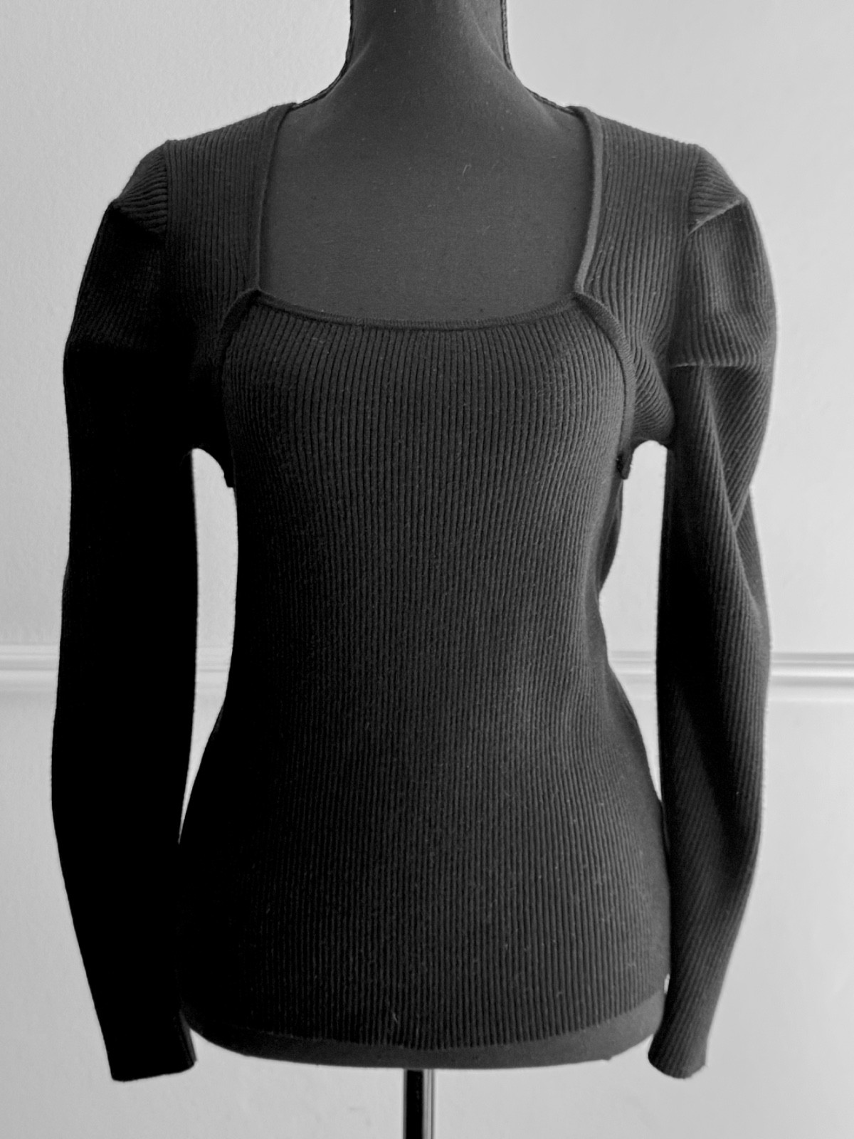 Nanette Lepore Medium Black Ribbed Knit Top Square Neck Overlay Long Sleeve