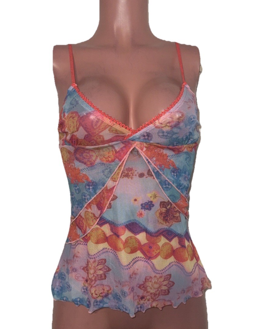 Y2K Style Cute Sexy Floral Mesh Cami Cleavage Top S New Soft Girl Going Out Rave