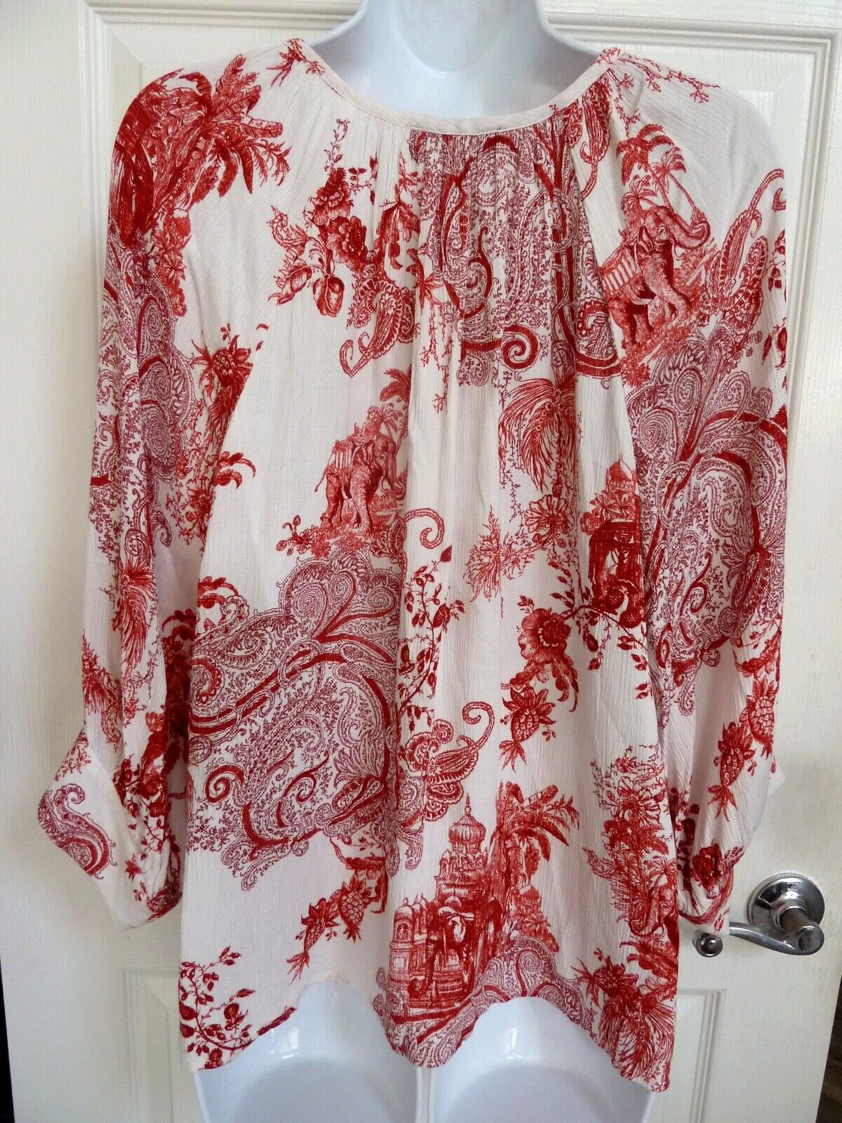 *KAREN KANE Sz Med. 8/10 Gauzy Balloon Sleeve Boho Blouse Asian Print Peasant*