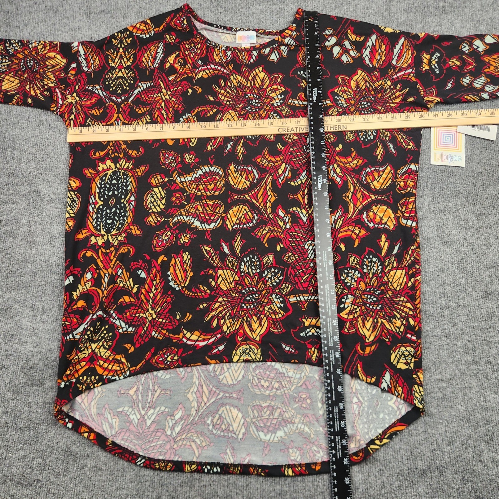 LuLaRoe Irma Tunic Top Womens Medium NWT Black Red Orange Floral High Low Hem