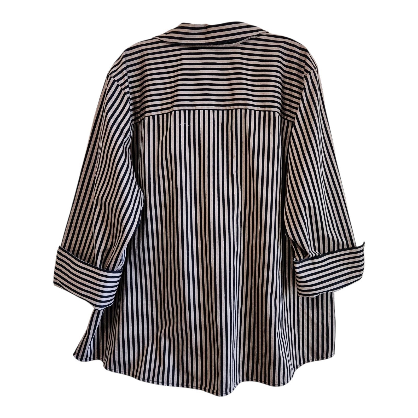 FOXCROFT Women’s Plus 20 W Sateen Blouse Tan Black Bias Striped 3/4 Sleeve 52″