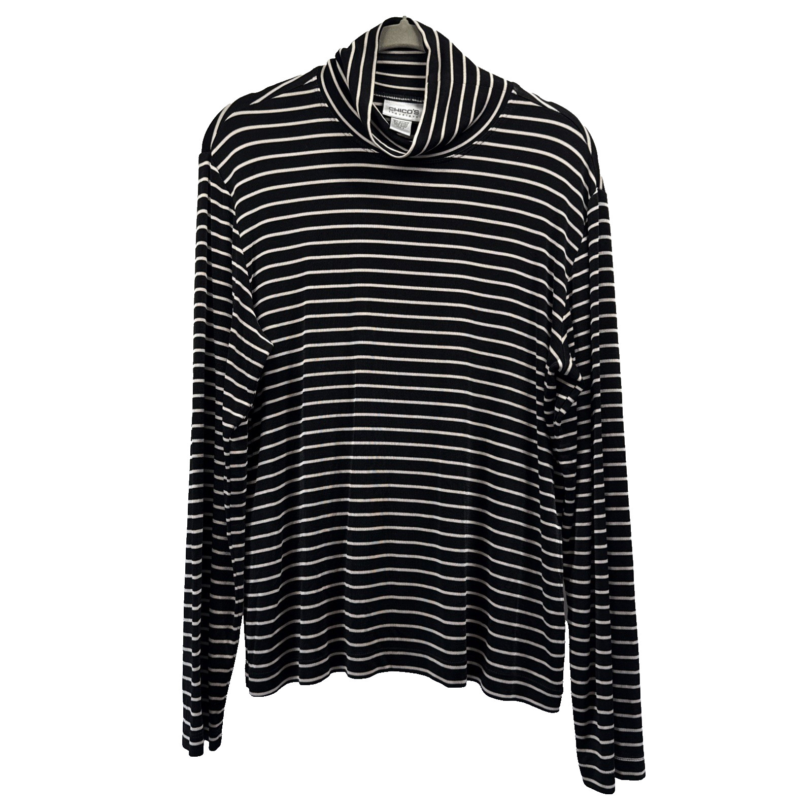 Chicos Travelers Top Large Black White Stripe Turtleneck Stretch Wrinkle Free