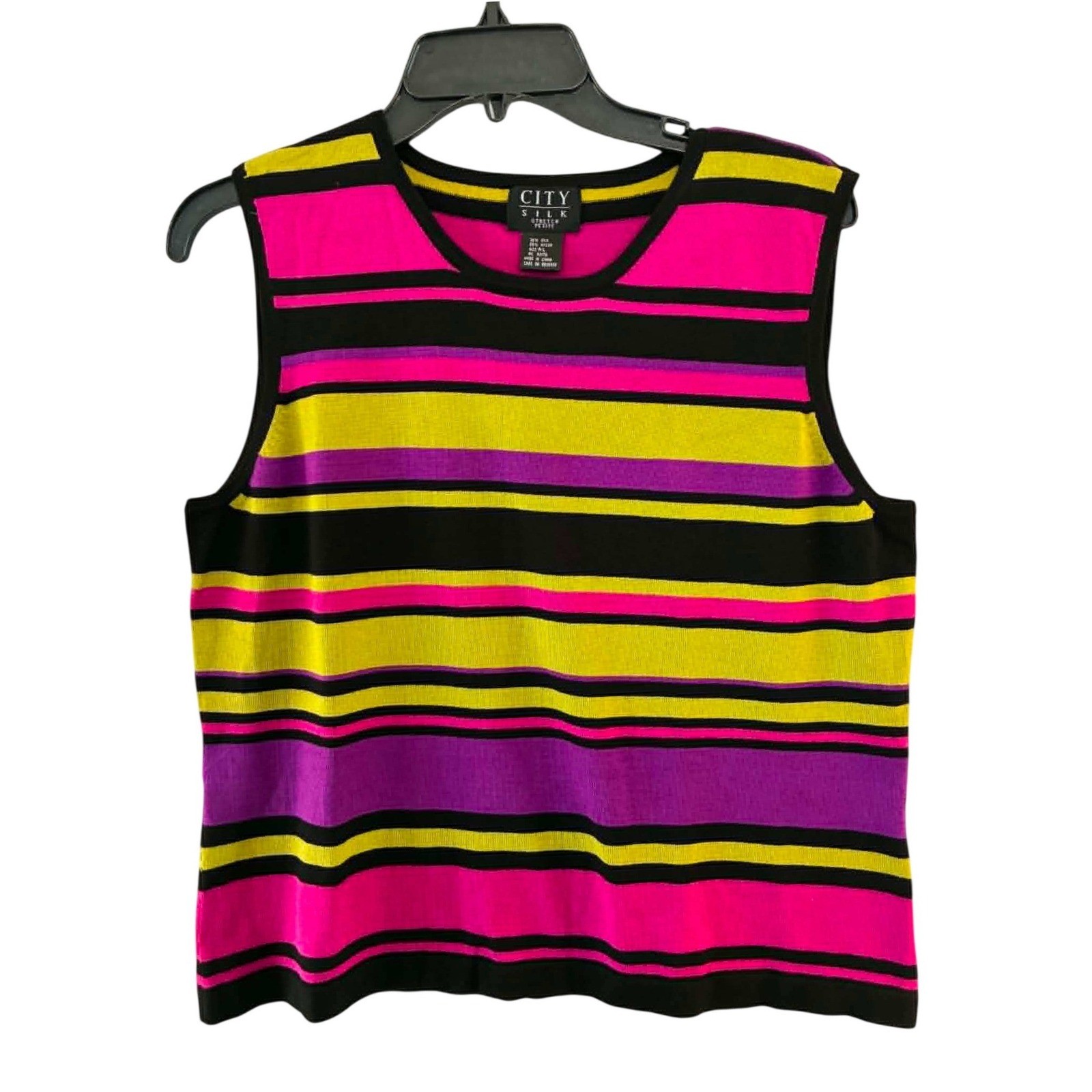 City Silk Striped Tank Top Womens P/L Pink Yellow Excellent Knit Sleeveless