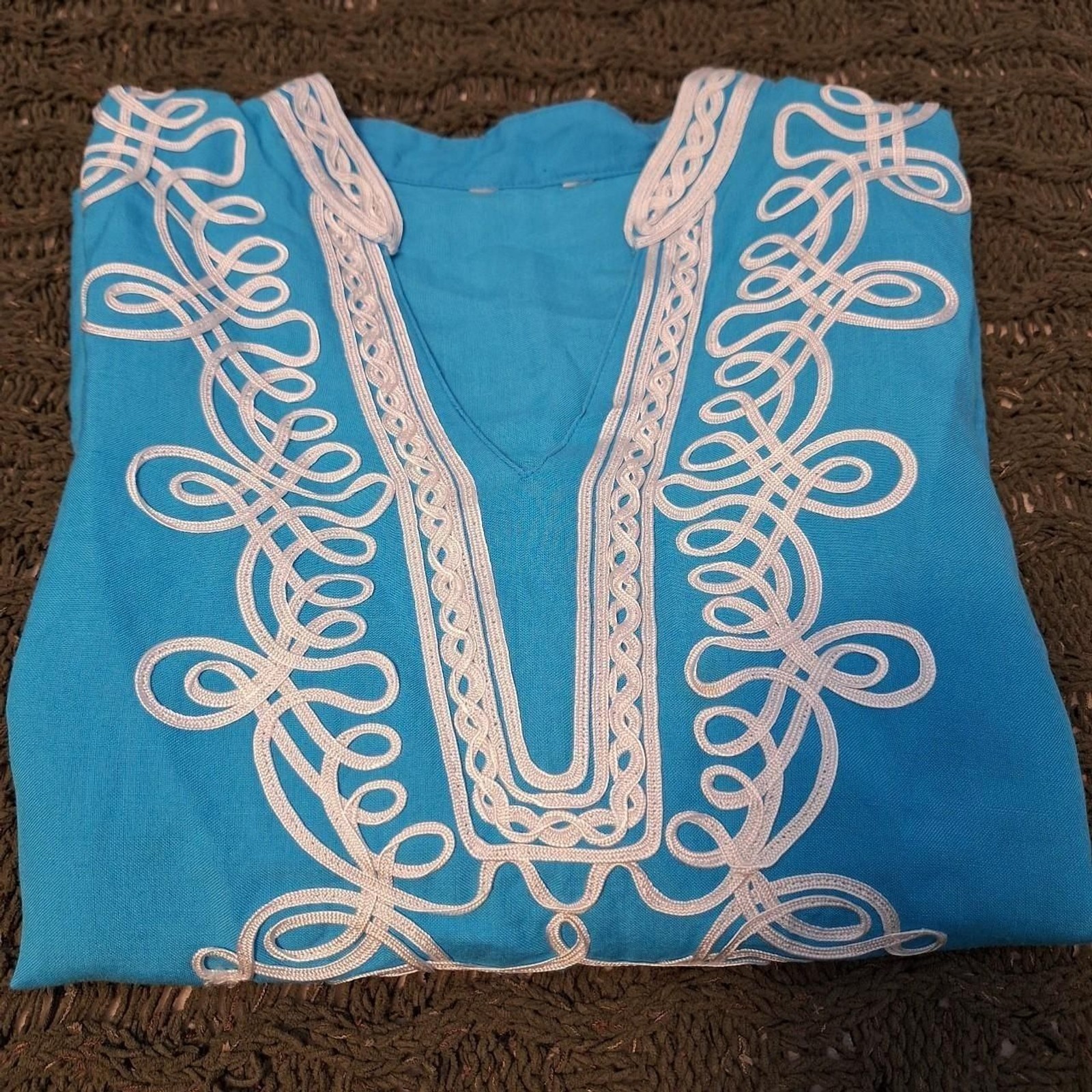 Turquoise Boho Tunic White Soutache Cord Embroidery V-notch Neckline Coverup