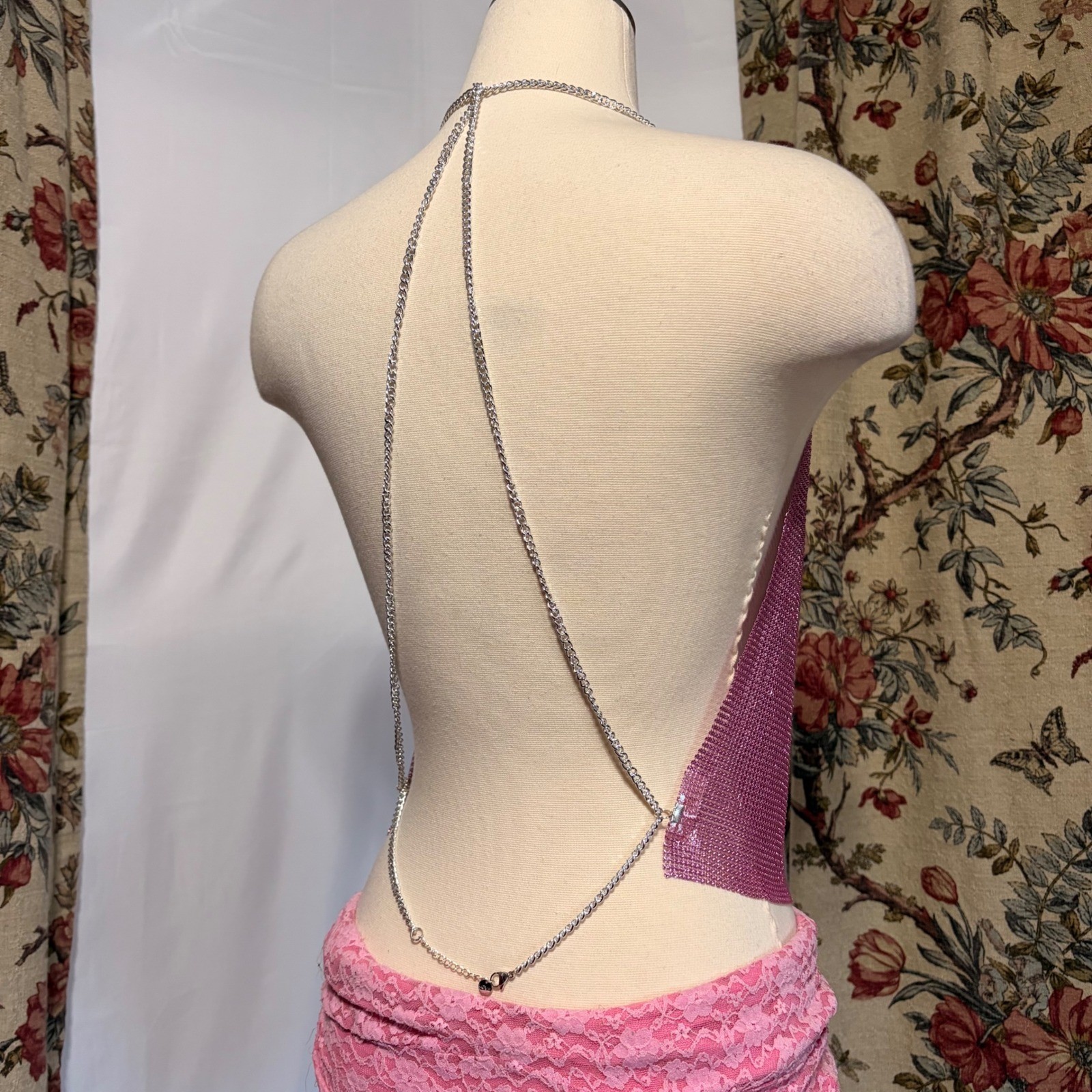 Gorgeous backless Y2k Pink and silver Metal Chainmail Halter Top with cowl neck