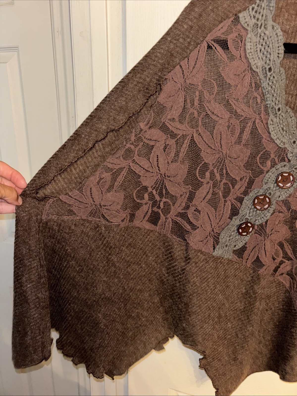 Pretty Angel Oversized S Brown One Sleeve Asymmetric Lace Button Fairycore Top