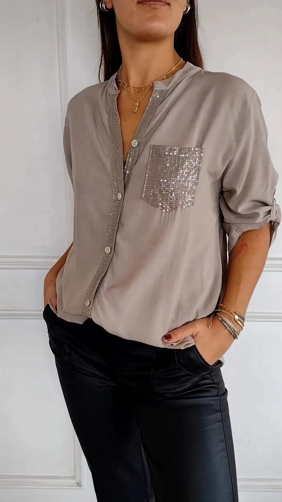 Women V-Neck Sequin Mid-Sleeve Casual Top,Glitter Sequin Short Sleeve Shirt Top