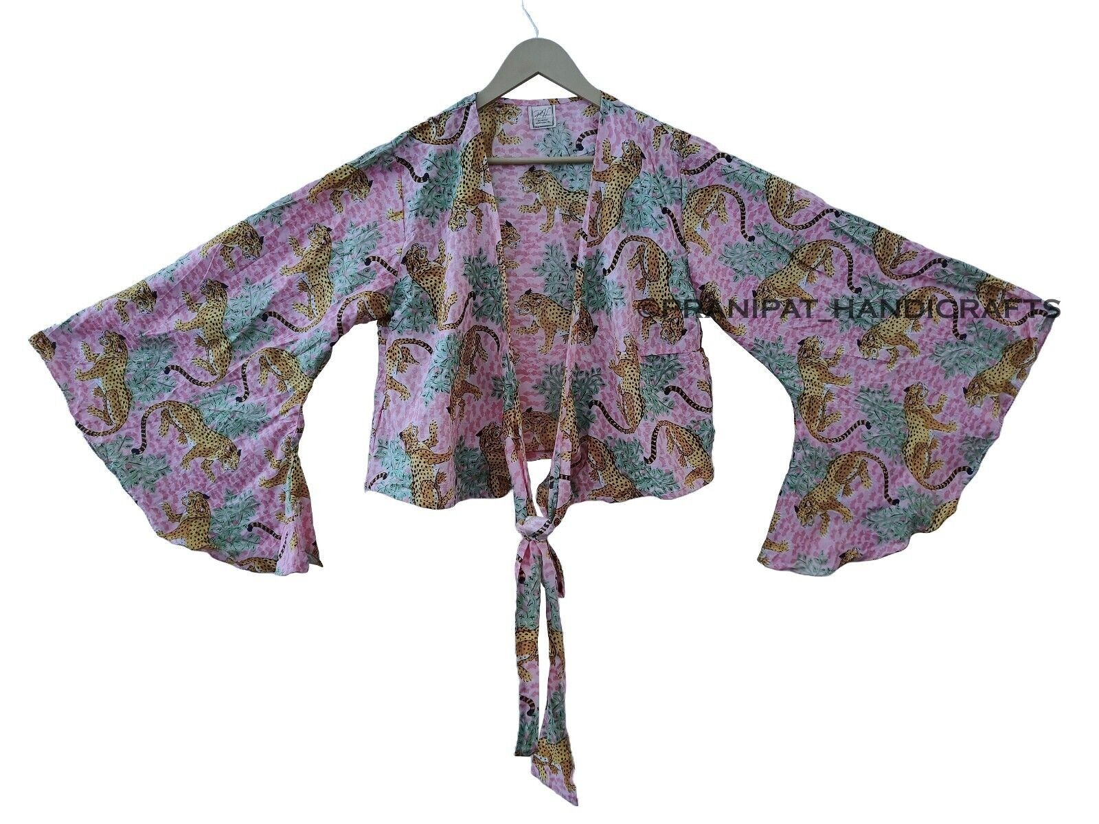 Women Bagheera Tiger Print Cotton 70′ Retro Boho Bell Sleeve Pink Beach Crop Top