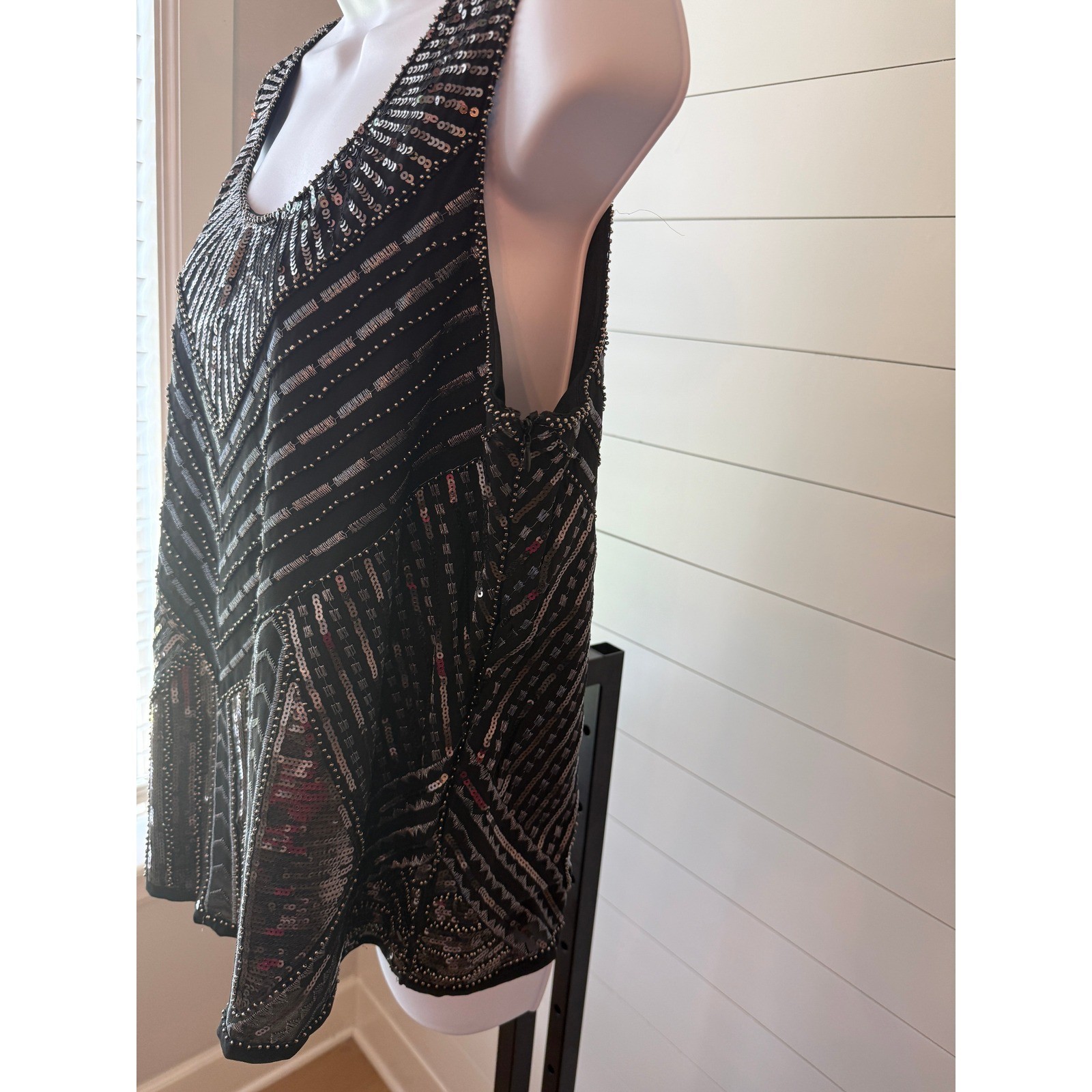 Cupio Sequin Embroidered Art Deco Tank Top Black Gold Silver Size Large