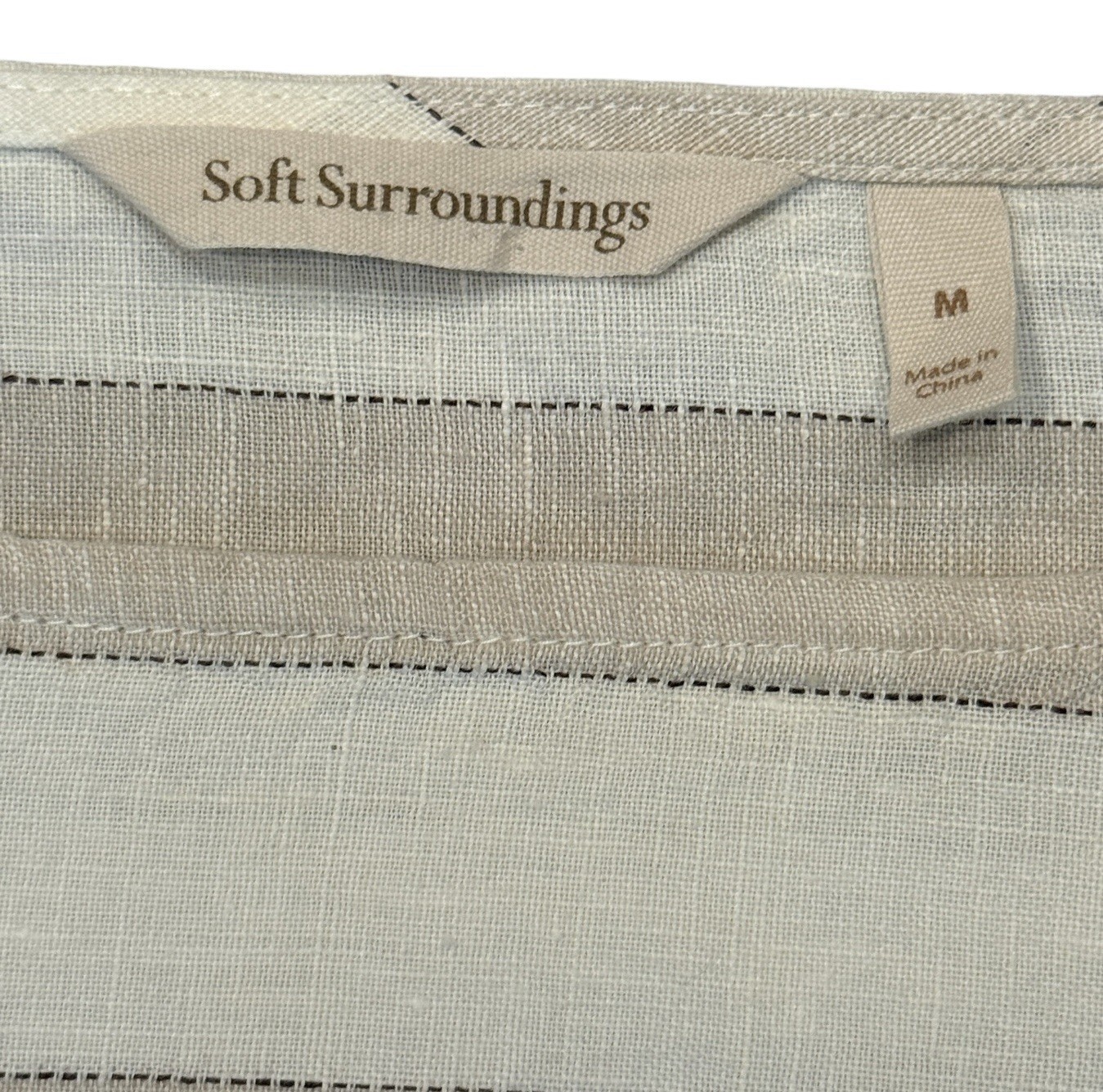 Soft Surroundings Striped Linen Tunic Top M 3/4 Tab Sleeves Beige Ivory
