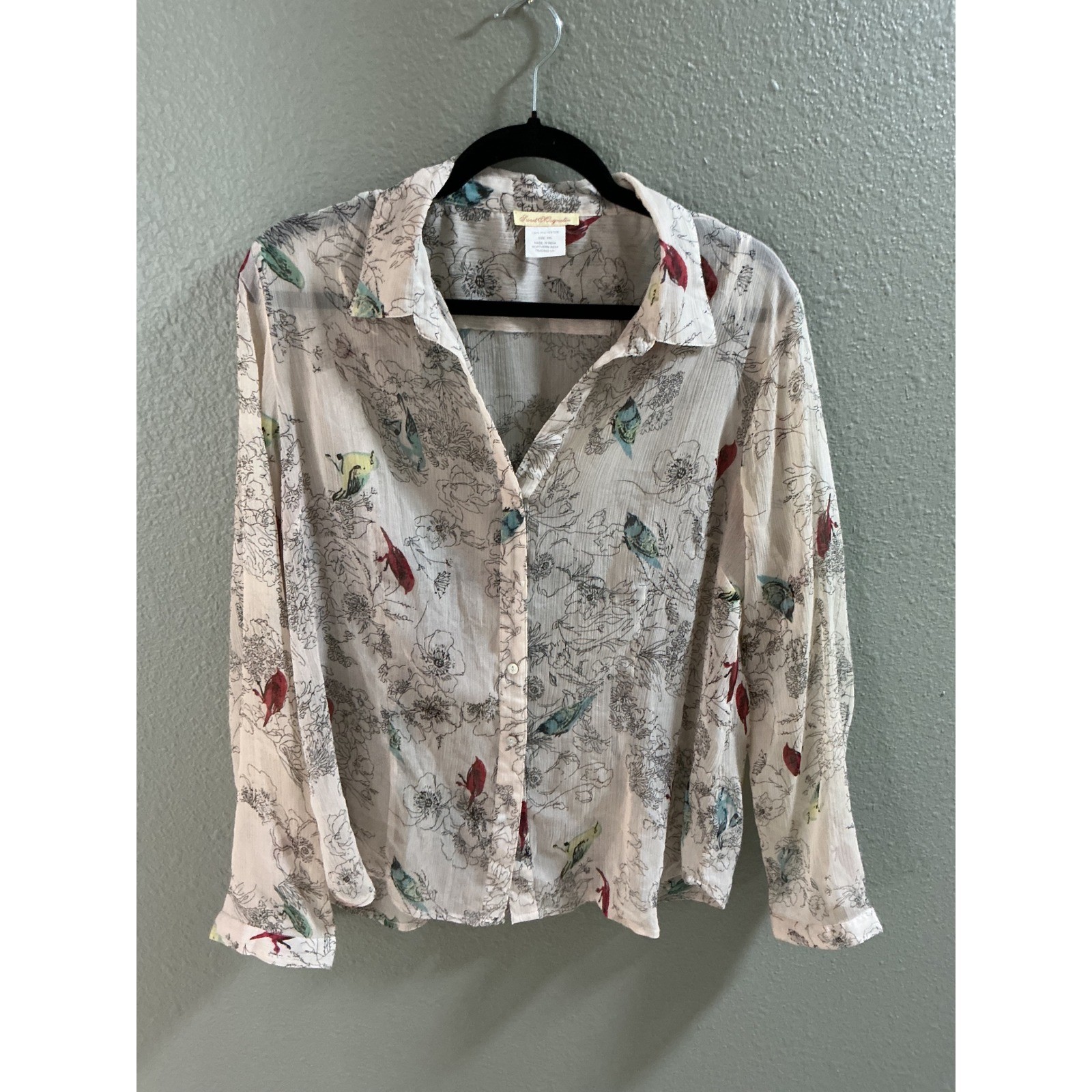 Sweet Magnolia Bird Floral Print Sheer Button Down Blouse Cream XXL