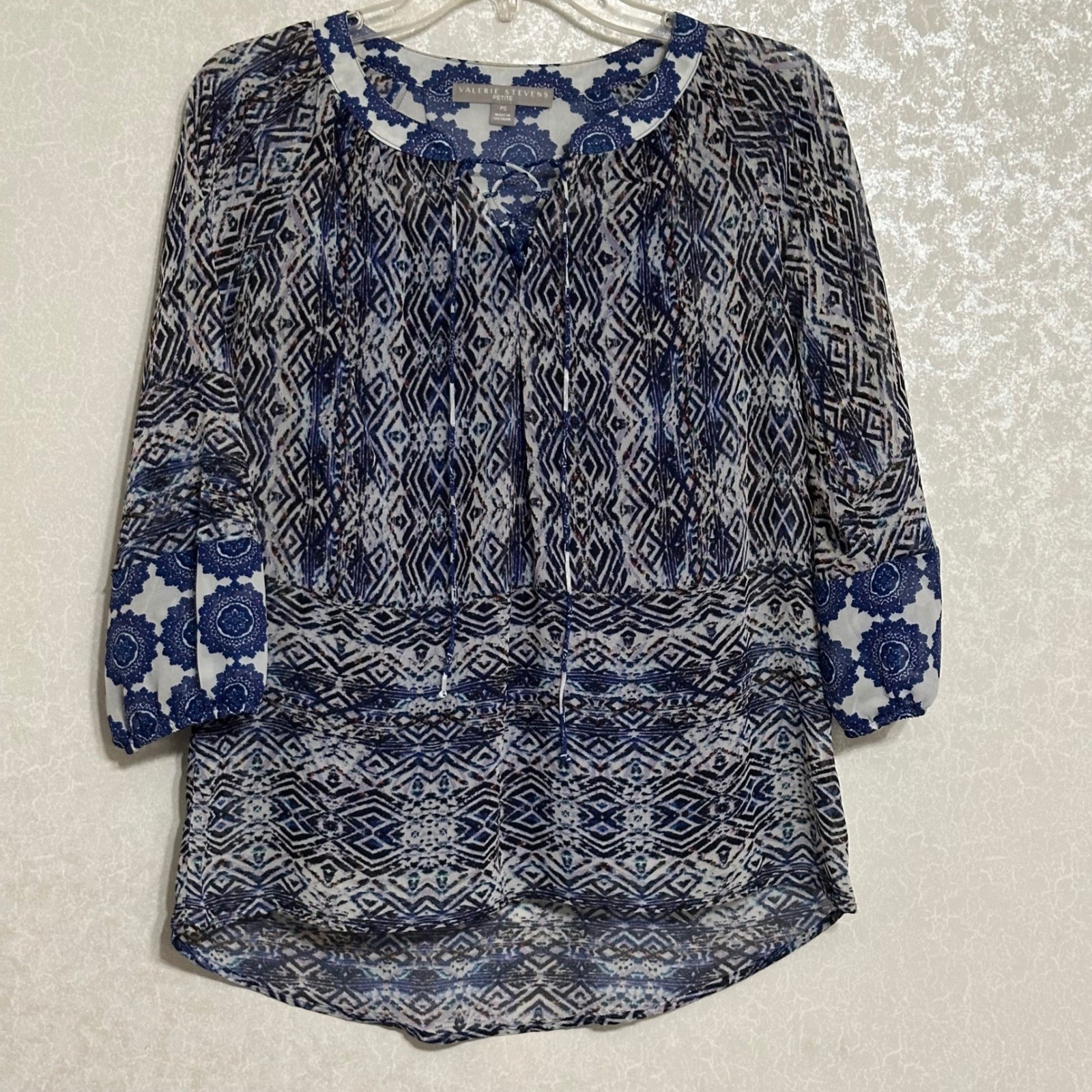 Valerie Stevens Lace Up Geometric Medallion Sheer Blouse & Blue Camisole Boho PS