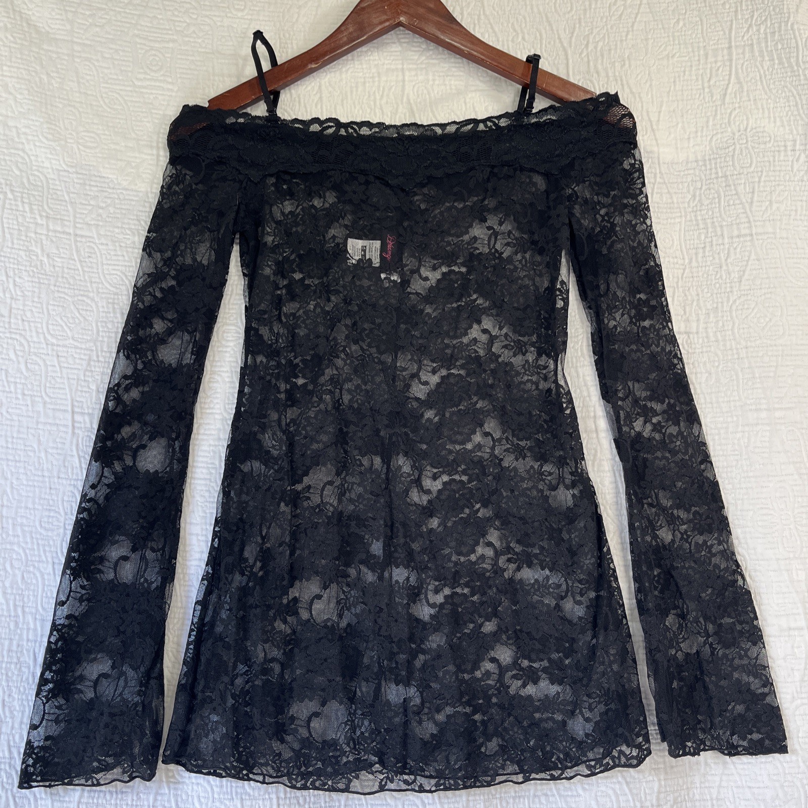 Dreamgirl Black Lace Sheer Shirt Small Off Shoulder Tattoo Top Witchy Whimsigoth