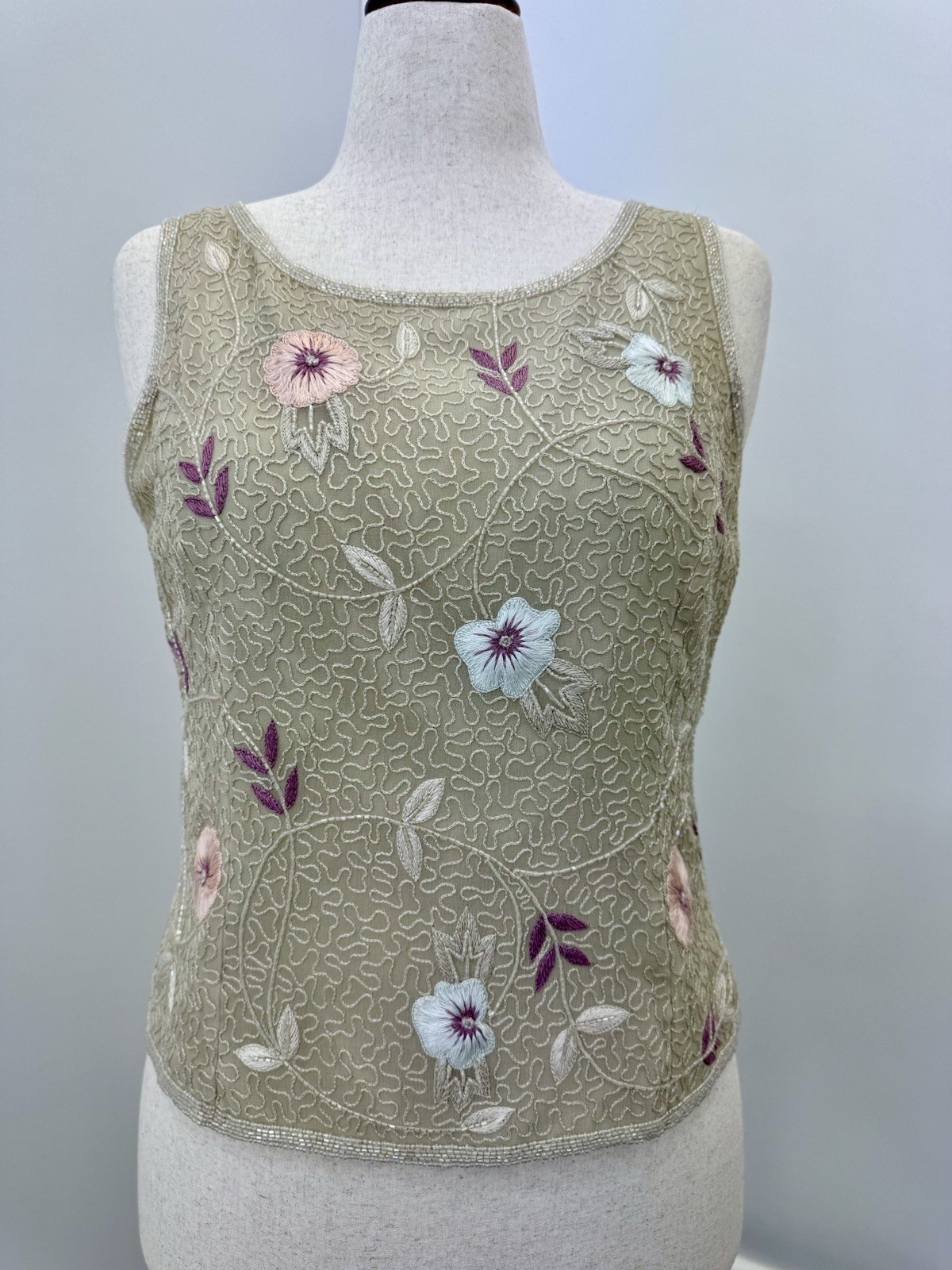Adrianna Papell Occasions – Beaded Sleeveless Top Size 12 Beige & Pastel Flowers