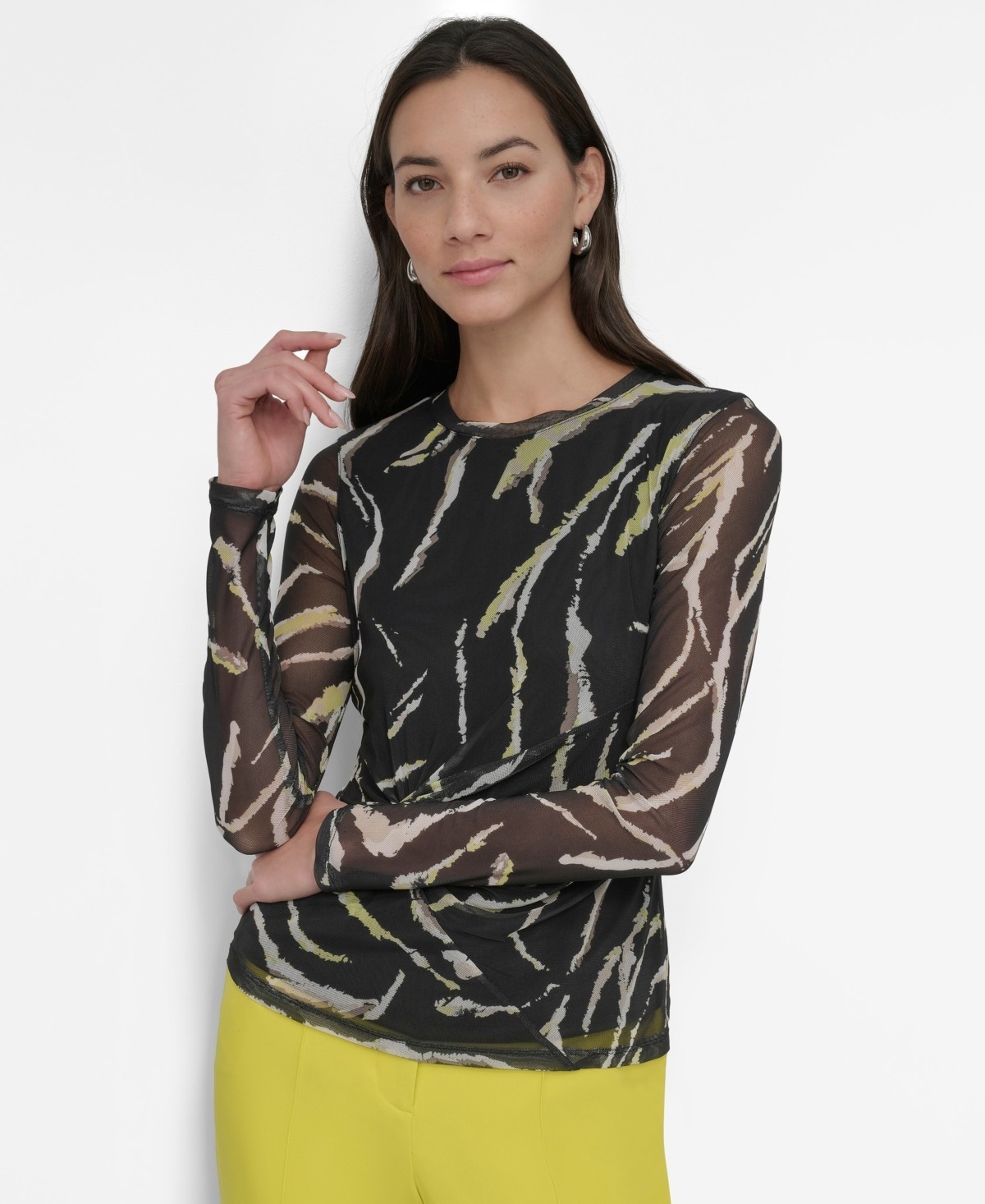 DKNY Petite Printed Mesh Long-Sleeve Top Women’s PS Acid Yellow/Black Pullover