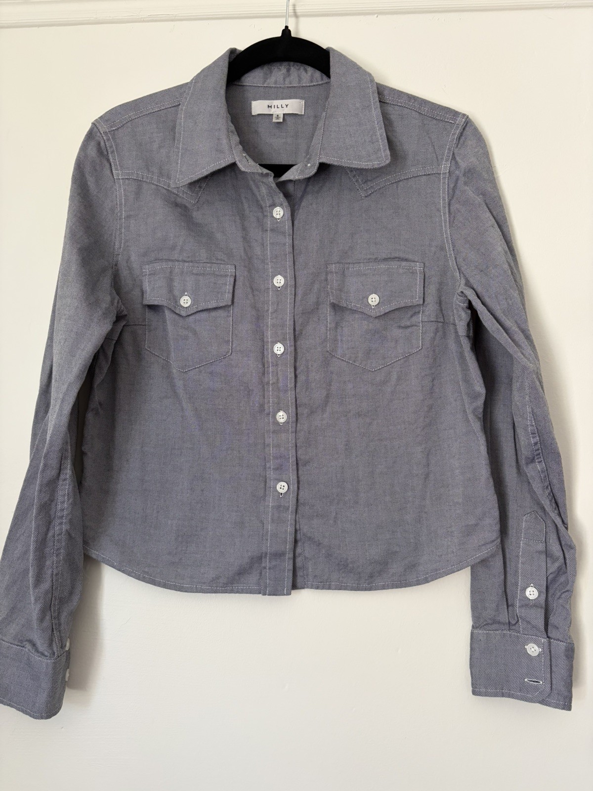 Milly Blue Button Front Shirt Women Premium Japanese Cotton Made in US Sz 8