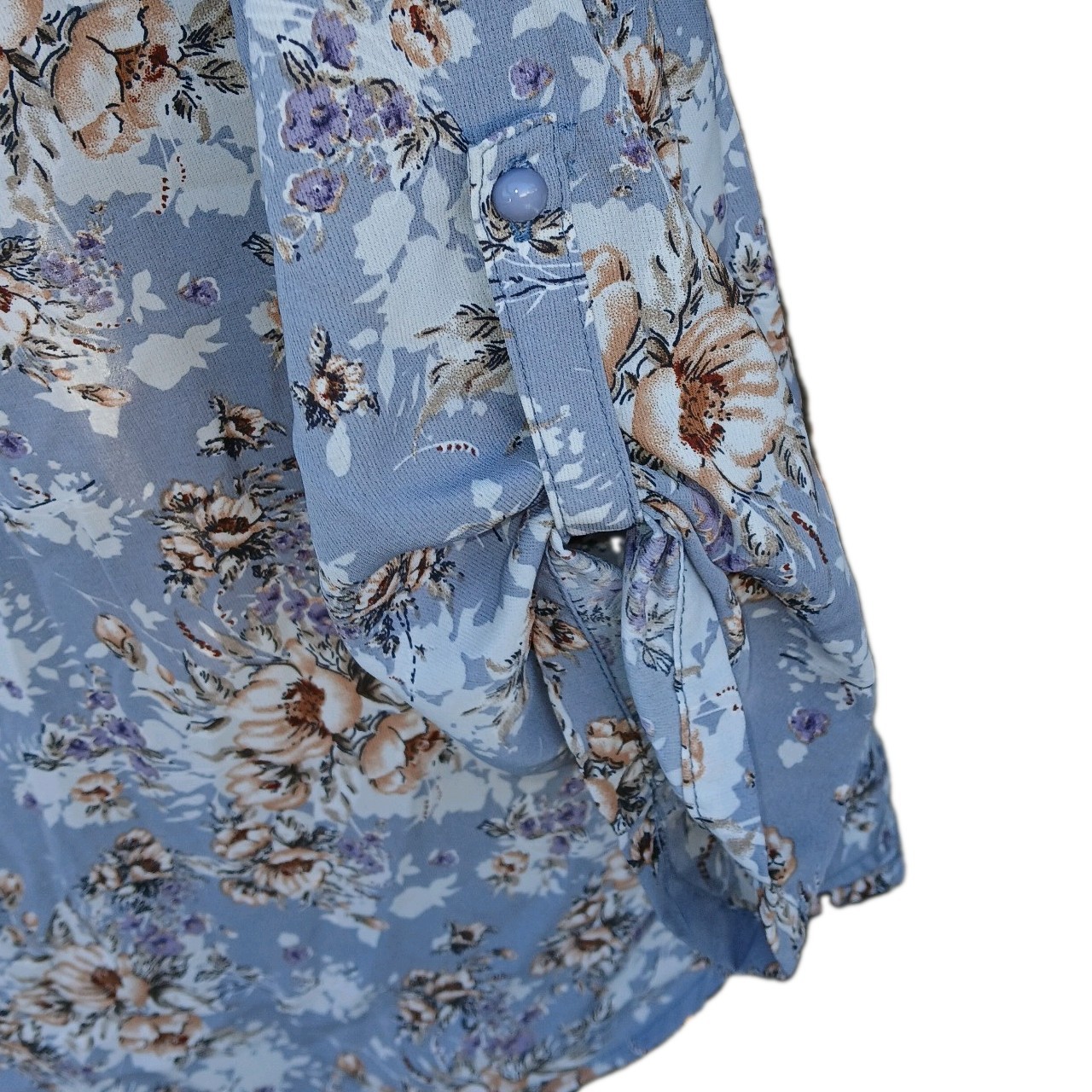 Timeson Blue Floral Chiffon Polyester Lightweight Button V-Neck 3/4 Blouse L
