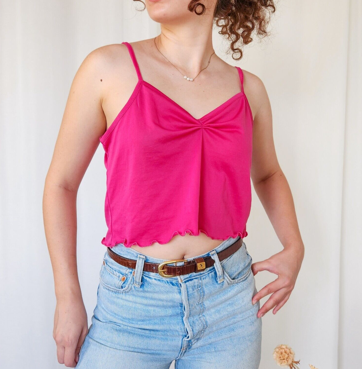CAROLINE MORGAN Upcycled Y2K Pink Ruched Lettuce Hem Crop Top Size 14