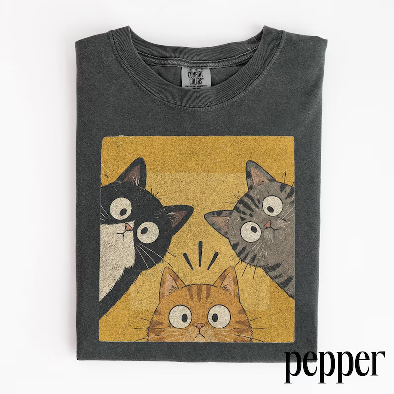 Vintage Funny Curious Cats Graphic Tee, Cute Cat Lover Shirt, Whimsical Retro Ae