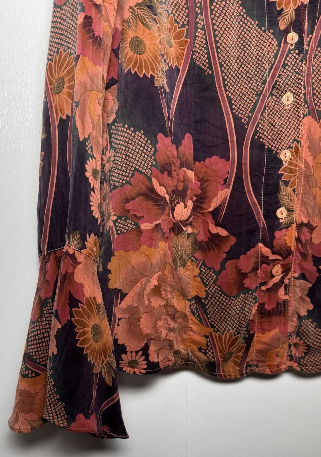 Vtg Tianello Floral Rayon Blouse Romantic Statement Sleeve Art To Wear L