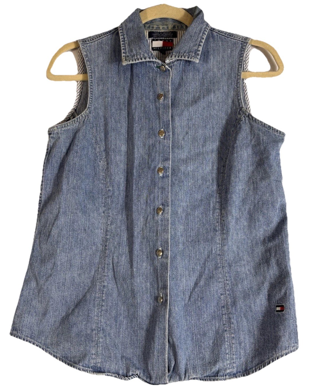 VTG Tommy Jeans Hilfiger Women’s Flag Logo Sleeveless Denim Button Up Top Sz 8