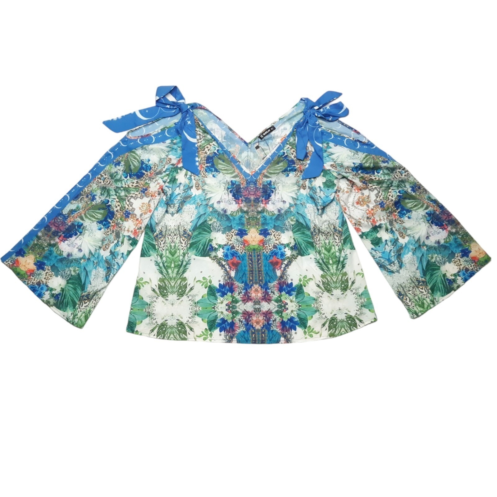 Sheilay Blouse Womens Small Blue Floral Cold Shoulder Bell Sleeve Top New