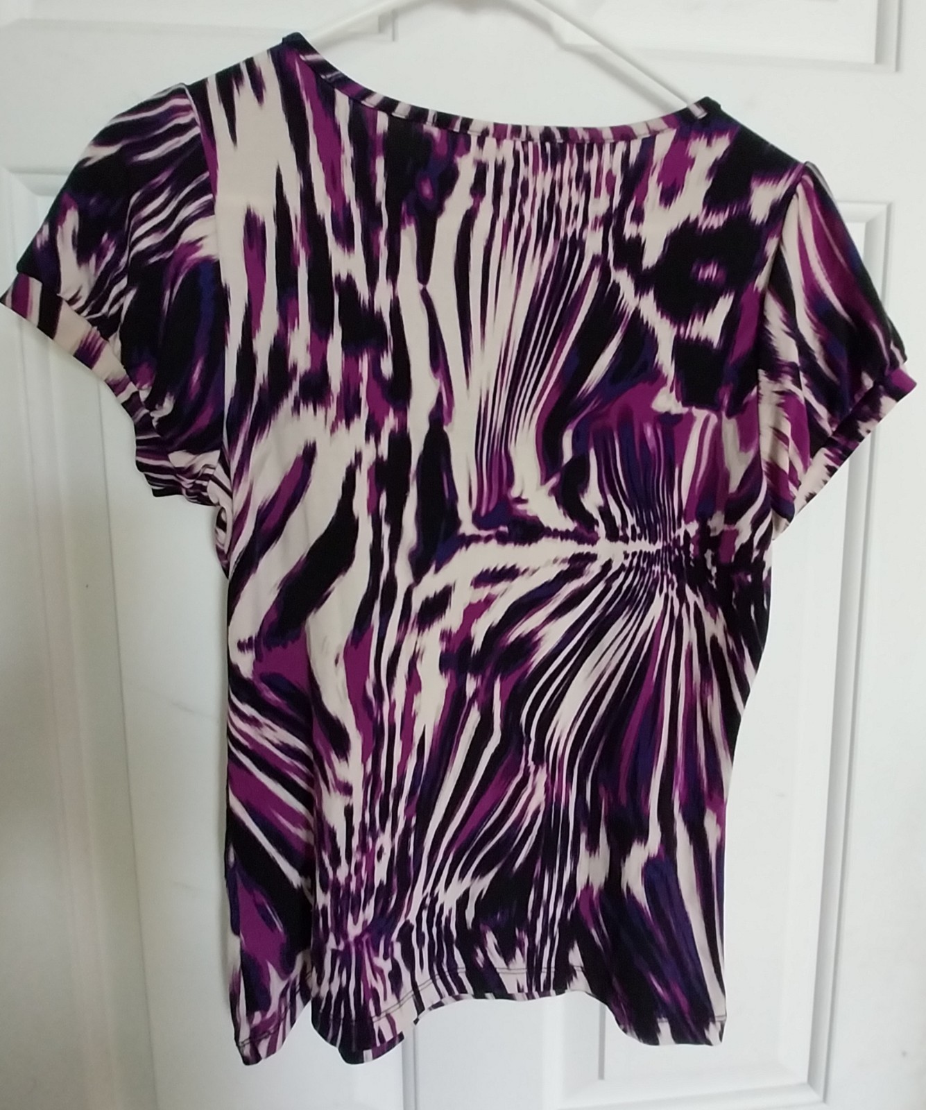 Worthington Stretch Womens Purple Black Floral Tunic Front Tie, Short Sleeve Med