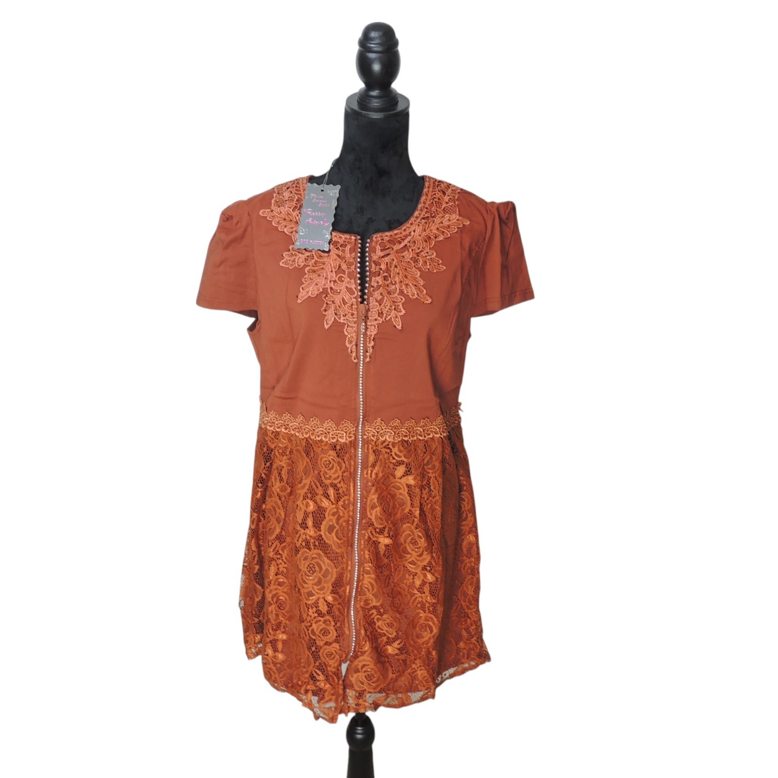 Pretty Angel Zippered Linen Blend Embroidered Tunic Blouse Orange 81363 RU Small