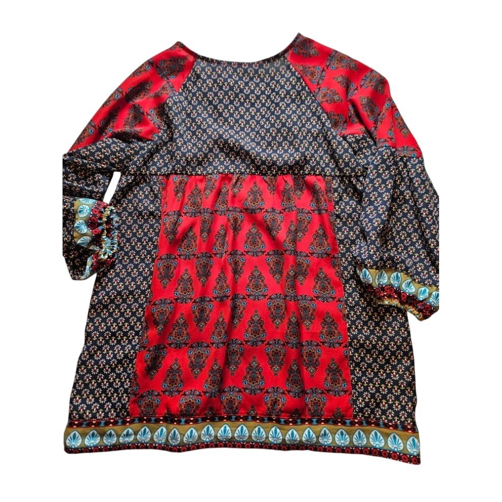 NLW Womens Red Navy Blue Mixed Print Boho Tunic Blouse Split Neck Tie Top L