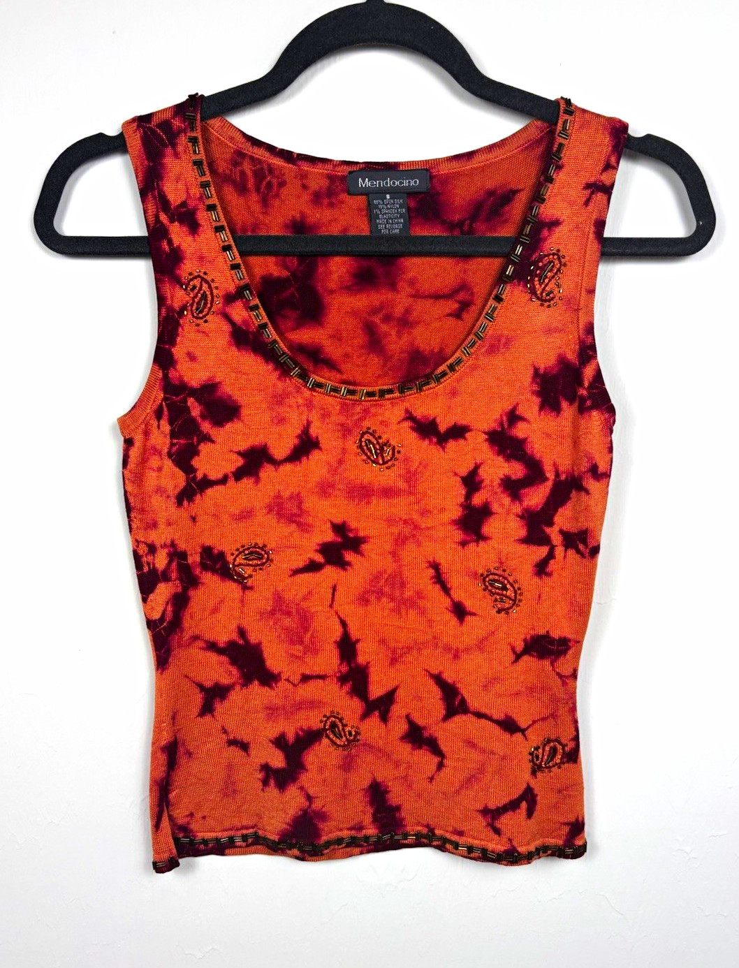 Mendocino Vintage Sleeveless Top Silk Blend Beaded Embroidery Tie Dye Boho S