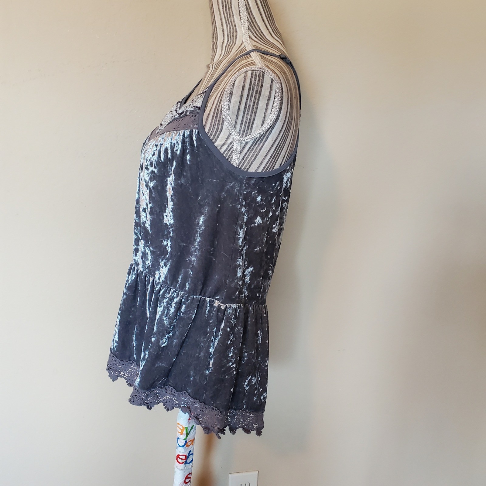 Weavers Womens Blue Grey Crushed Velvet Lace Peplum Camisole Top Embroidery L