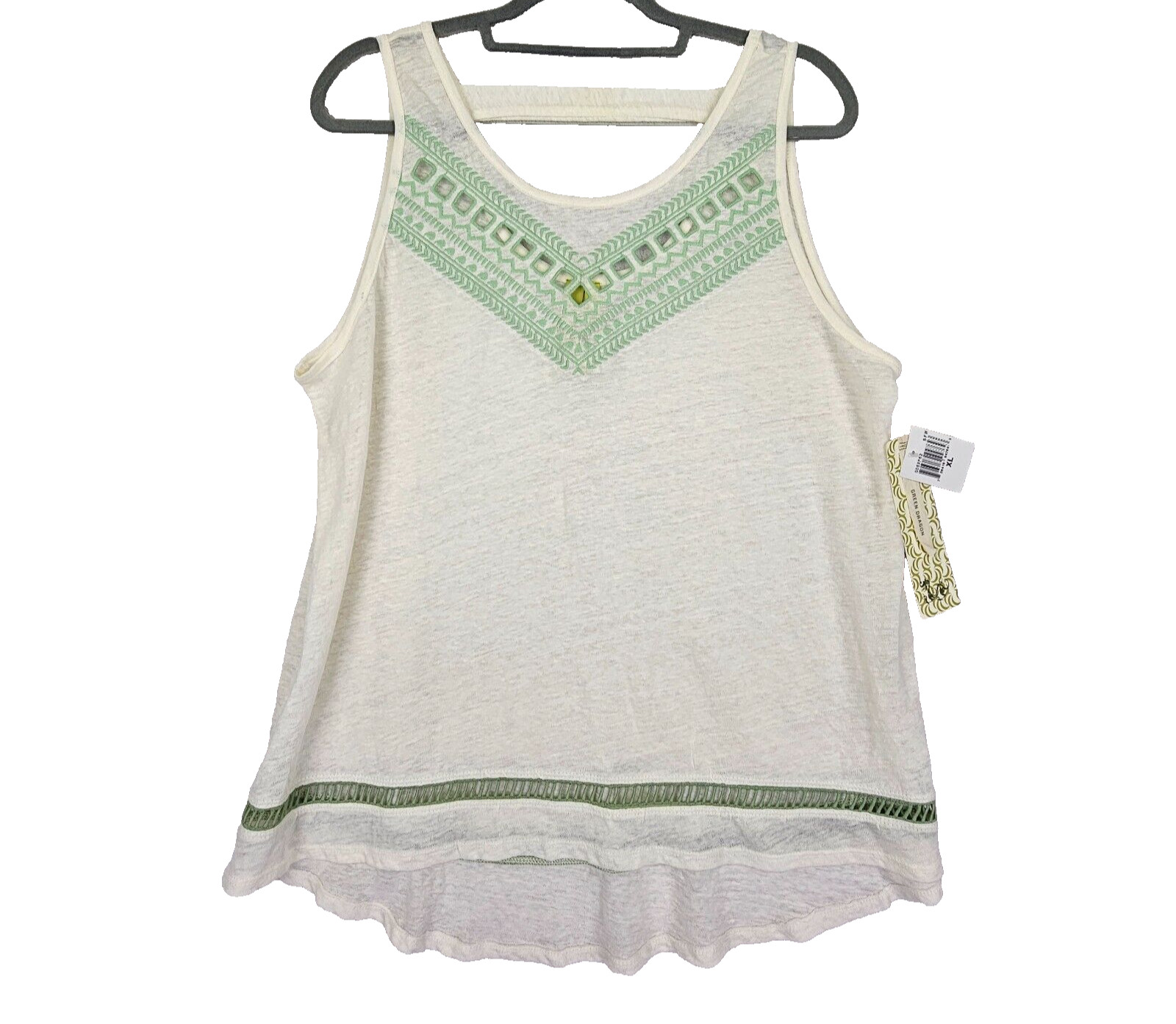 Green Dragon Linen Top Womens XL Tunic Tank Embroidered Boho Hippie USA Festival