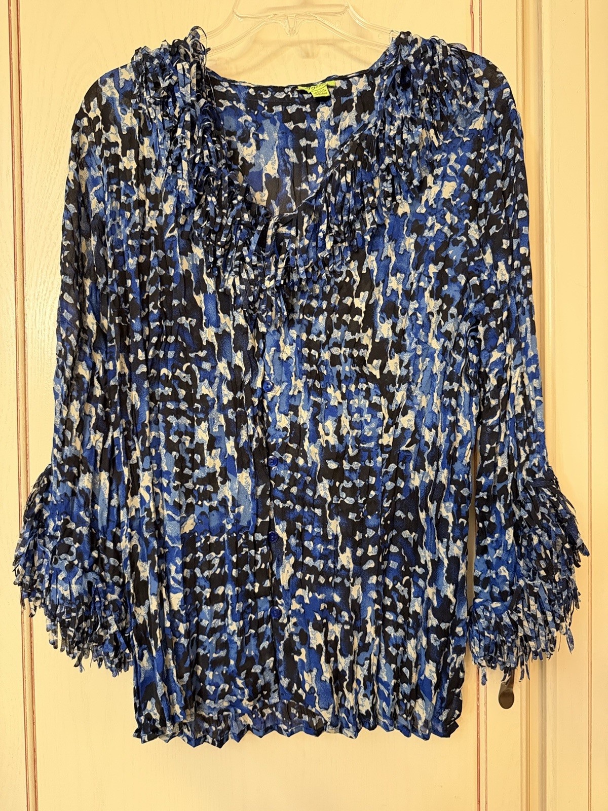 Agora Blue Black Abstract Crinkle Pleated Fringe Blouse Top Womens L Boho Y2K
