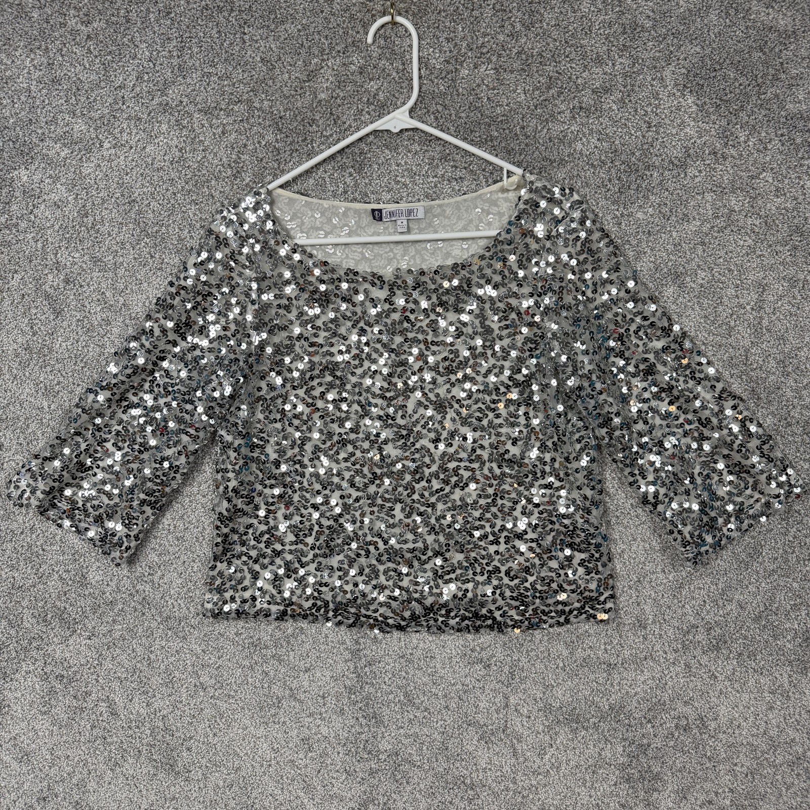 Jennifer Lopez Blouse M Silver Sequin Mesh Lined Y2K Party Glam Sparkle Clubwear