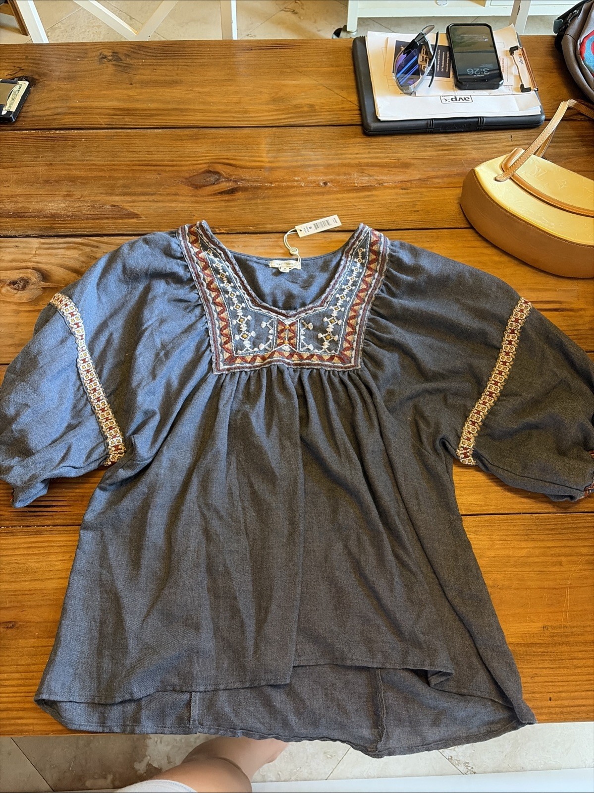 Max Studio Floral Embroidered Top Womens Medium Dusty Blue Pleated Peasant