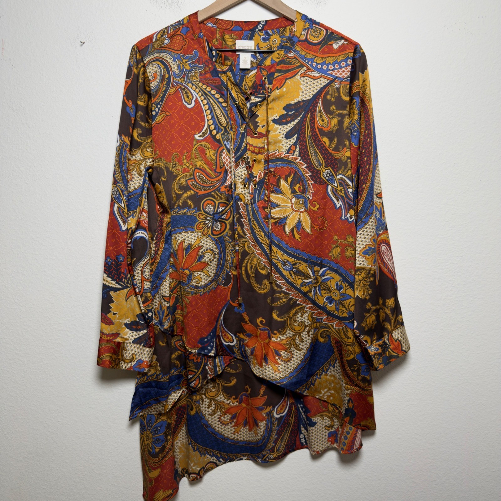 Chico’s Women Tunic Top Large Multicolor Paisley Lace Up Asymmetrical Lagenlook