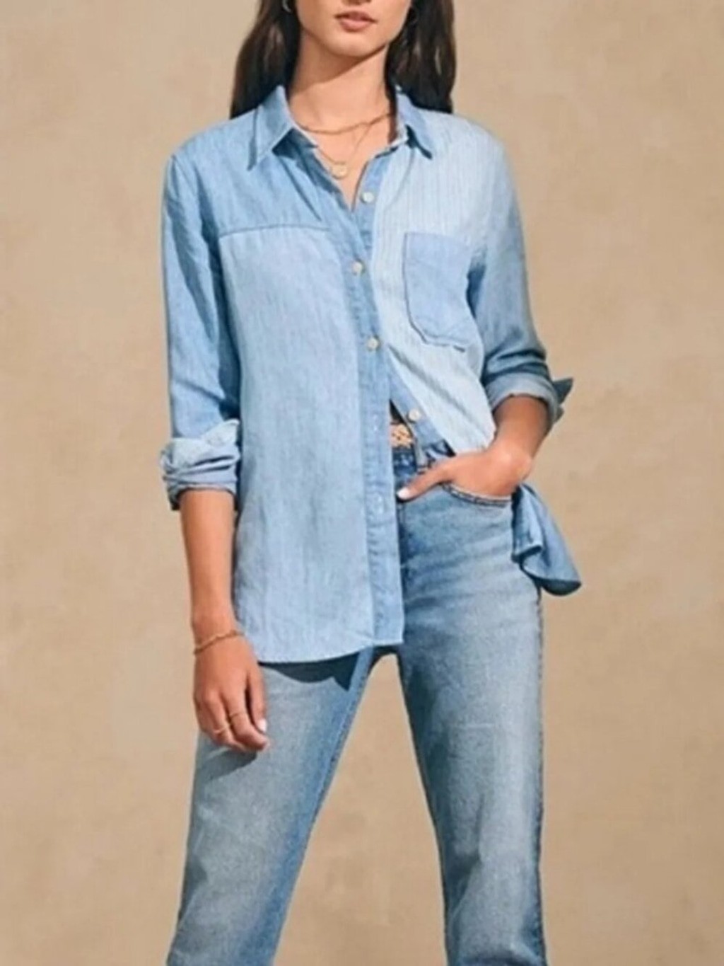 Coastal Minimal Patchwork Boho Faherty Linen Tencel Chambray Button Down Large