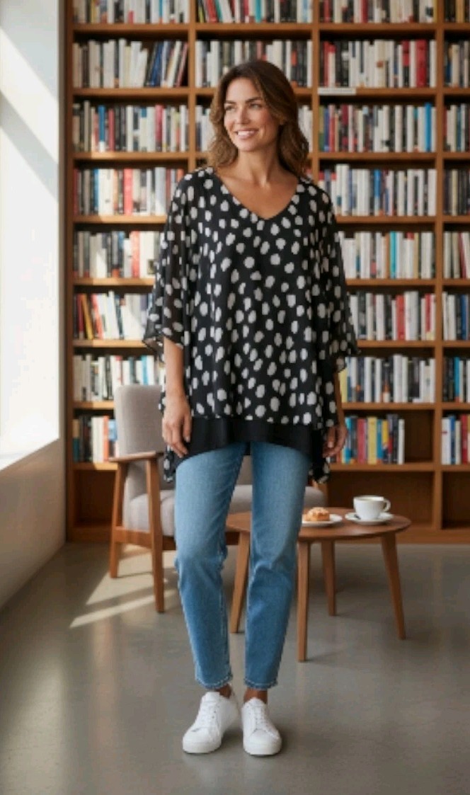 Women’s Zac & Rachel Black White Polka Dot Bat Wing Top Size L Flowy
