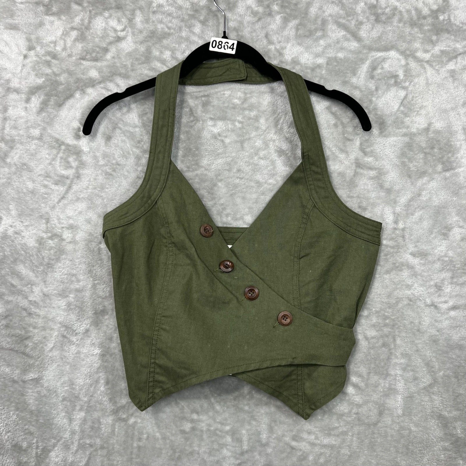 New Moon River Halter Top Small Army Green Asymmetric Linen Blend Festival Sexy