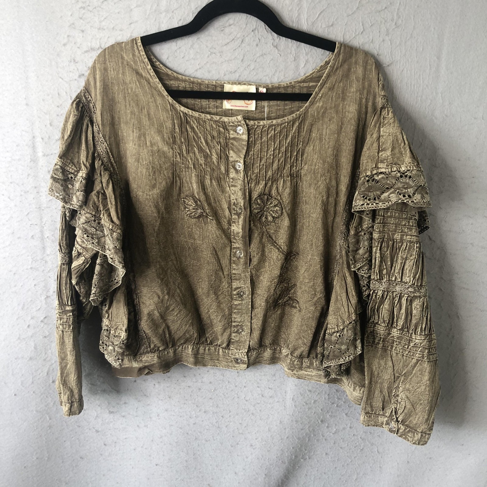 Paper Lace Blouse Womens 1XL Brown Embroidered Boho Festival Grunge Lagenlook